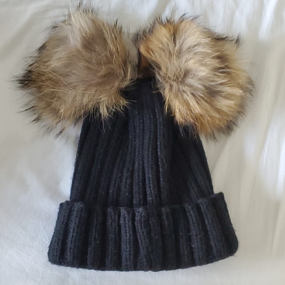 Black Knit Hat with Faux Fur Pom Poms
